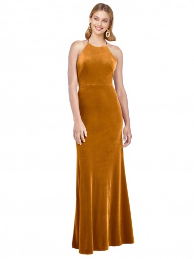 Comprar Oro línea A Halter Cuello Alto Terciopelo Elástico Largo Formales Vestidos de dama de honor / Vestidos de fiesta