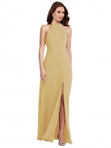 Comprar Oro línea A Halter Gasa Largo Vestidos de dama de honor