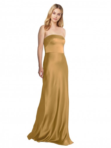 Comprar Oro línea A Sin tirantes Satén elástico Largo Formales Vestidos de dama de honor / Vestidos de fiesta