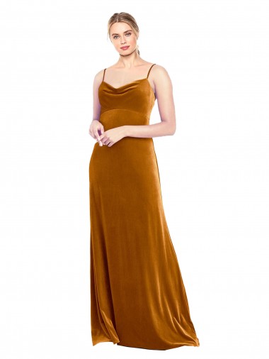Comprar Oro línea A Tirantes espagueti Terciopelo Elástico Largo Vestidos de dama de honor / Vestidos de fiesta