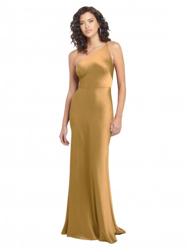 Comprar Oro línea A Un Hombre Satén elástico Largo Formales Vestidos de dama de honor / Vestidos de fiesta