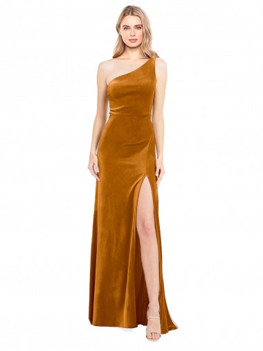 Comprar Oro línea A Un Hombre Terciopelo Elástico Largo Formales Vestidos de dama de honor / Vestidos de fiesta