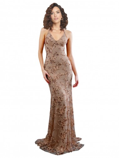 Comprar Oro rosa Sirena Cuello en V Cuello Alto Crepé Elástico Lentejuela Tul Largo Formales Vestidos de dama de honor / Vestidos de fiesta