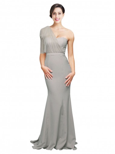 Comprar Ostra Plata Sirena Un Hombre Cuello de Corazón Barrer tren Crepé Elástico Tul Largo Formales Vestidos de dama de honor / Vestidos de fiesta