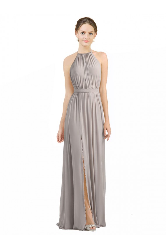 Comprar Ostra Plata línea A Halter Gasa Largo Vestidos de dama de honor