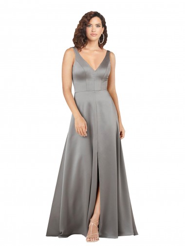 Comprar Pearl Grey línea A Cuello en V Satén sedoso Largo Formales Vestidos de dama de honor / Vestidos de fiesta