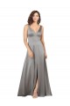 Comprar Pearl Grey línea A Cuello en V Satén sedoso Largo Formales Vestidos de dama de honor / Vestidos de fiesta