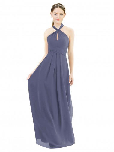 Comprar Piedra Plata línea A Halter Gasa Largo Vestidos de dama de honor