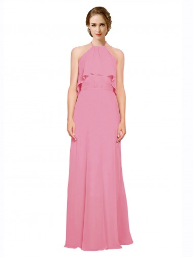 Comprar Piel rosa línea A Halter Cuello Alto Gasa Largo Vestidos de dama de honor