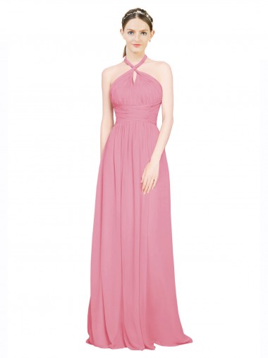Comprar Piel rosa línea A Halter Cuello en V Gasa Largo Vestidos de dama de honor