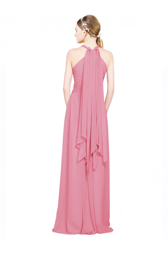 Comprar Piel rosa línea A Halter Cuello en V Gasa Largo Vestidos de dama de honor