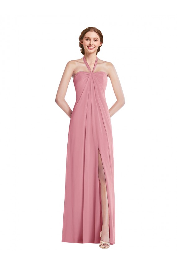 Comprar Piel rosa línea A Halter Gasa Largo Vestidos de dama de honor