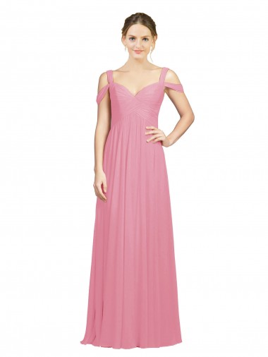 Comprar Piel rosa línea A Hombros Descubiertos Gasa Largo Vestidos de dama de honor