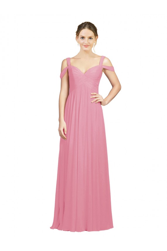 Comprar Piel rosa línea A Hombros Descubiertos Gasa Largo Vestidos de dama de honor