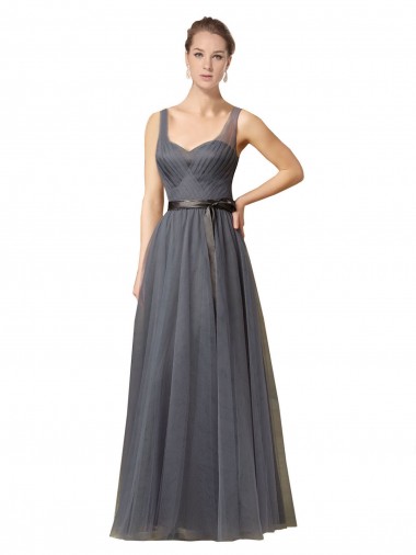 Comprar Pizarra gris línea A Cuello de Corazón Tul Largo Vestidos de dama de honor