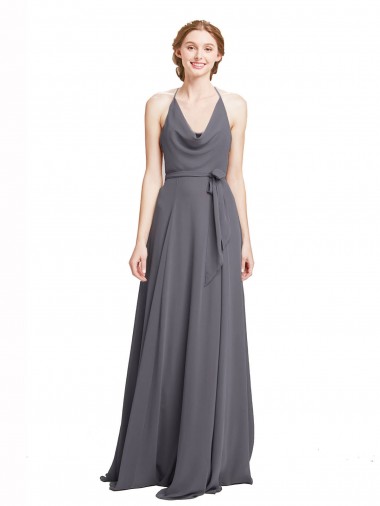 Comprar Pizarra gris línea A Tirantes espagueti Halter Gasa Largo Vestidos de dama de honor