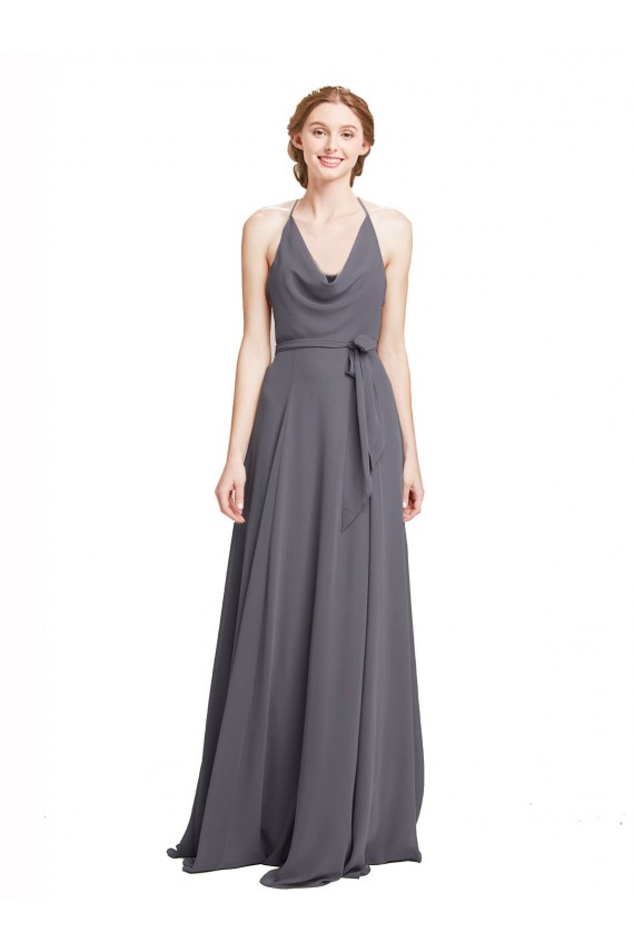 Comprar Pizarra gris línea A Tirantes espagueti Halter Gasa Largo Vestidos de dama de honor