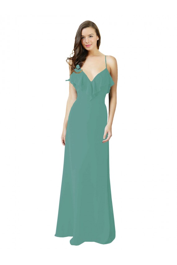 Comprar Plata islandesa línea A Tirantes espagueti Cuello en V Gasa Largo Vestidos de dama de honor