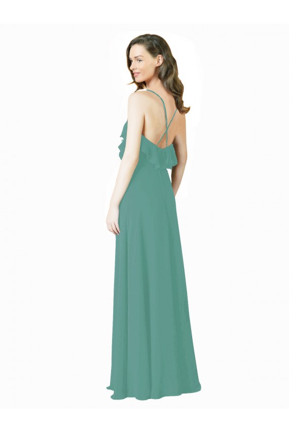 Comprar Plata islandesa línea A Tirantes espagueti Cuello en V Gasa Largo Vestidos de dama de honor