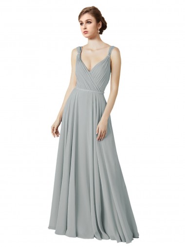 Comprar Plata línea A Cuello en V Gasa Largo Vestidos de dama de honor