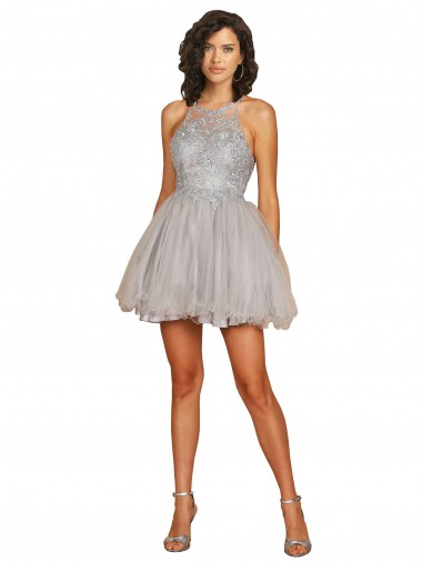 Comprar Plata línea A Halter Corto Tul Corto Vestidos de dama de honor / Vestidos de cóctel / Vestidos para homecoming