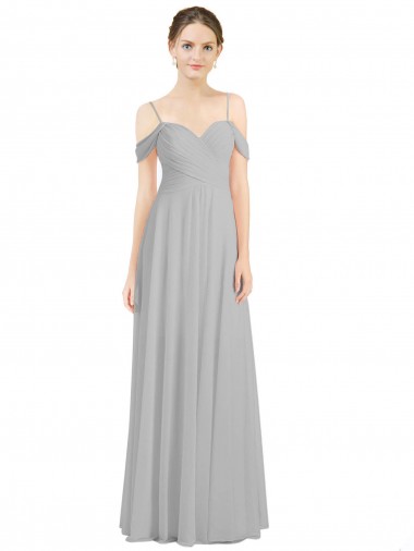 Comprar Plata línea A Hombros Descubiertos Tirantes espagueti Gasa Largo Vestidos de dama de honor
