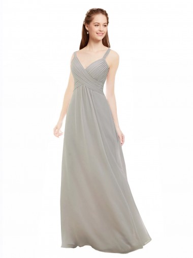 Comprar Plata línea A Tirantes espagueti Cuello en V Gasa Largo Vestidos de dama de honor