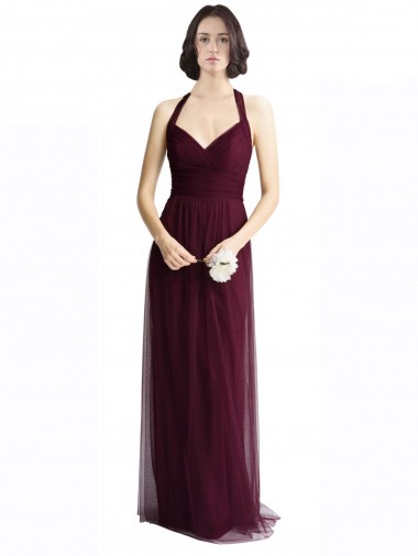Comprar Rojo 74 línea A Halter Cuello en V Tul Largo Vestidos de dama de honor