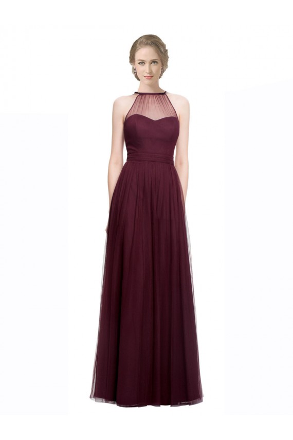 Comprar Rojo 74 línea A Halter Ilusión Tul Largo Vestidos de dama de honor