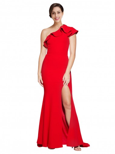 Comprar Rojo Cubierta Un Hombre Barrer tren Crepé Elástico Largo Vestidos de dama de honor / Vestidos de fiesta