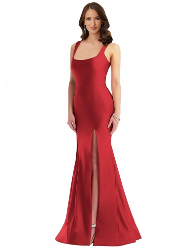 Comprar Rojo Sirena Cuadrado Satén sedoso Largo Formales Vestidos de dama de honor / Vestidos de fiesta