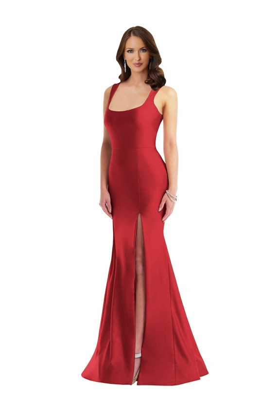 Comprar Rojo Sirena Cuadrado Satén sedoso Largo Formales Vestidos de dama de honor / Vestidos de fiesta