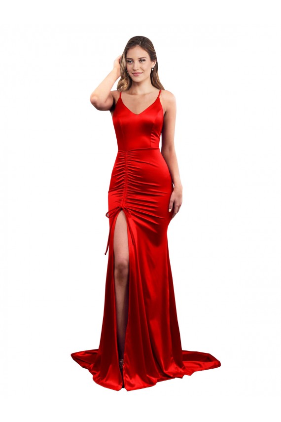 Comprar Rojo Sirena Cuello de Corazón Satén elástico Largo Formales Vestidos de dama de honor / Vestidos de fiesta