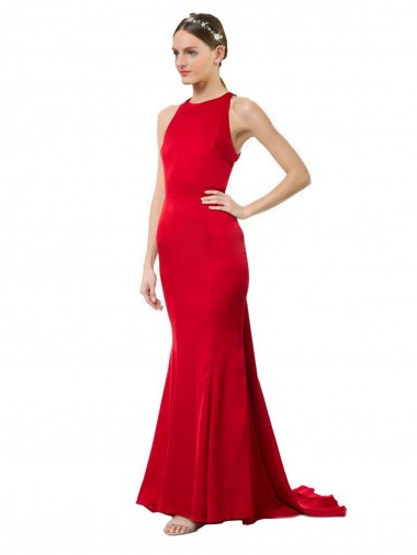 Comprar Rojo Sirena Halter Cuello Alto Crepé Elástico Largo Formales Vestidos de dama de honor / Vestidos de fiesta