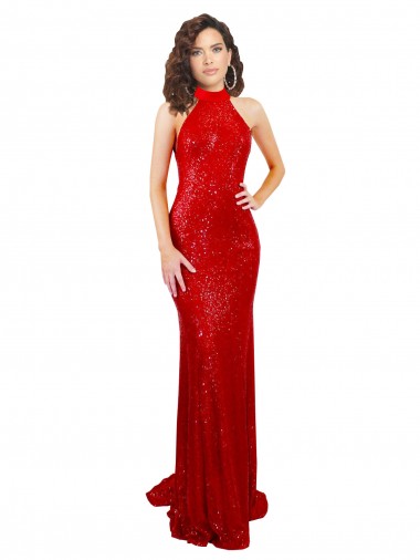 Comprar Rojo Sirena Halter Cuello Alto Lentejuela Largo Formales Vestidos de dama de honor / Vestidos de fiesta