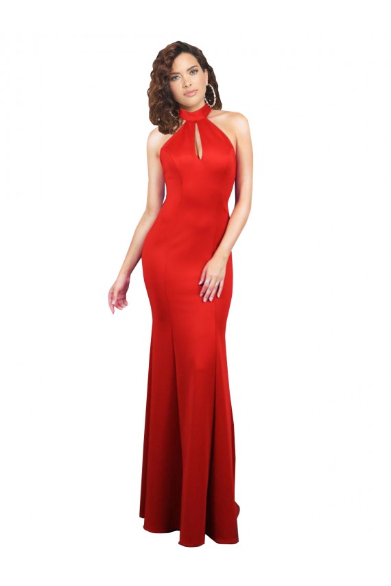 Comprar Rojo Sirena Halter Satén elástico Largo Formales Vestidos de dama de honor / Vestidos de fiesta