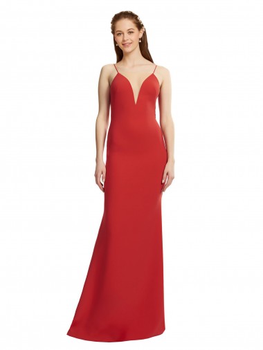 Comprar Rojo Sirena Tirantes espagueti Cuello en V Crepé Elástico Largo Formales Vestidos de dama de honor / Vestidos de fiesta