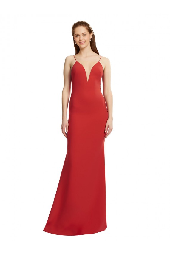 Comprar Rojo Sirena Tirantes espagueti Cuello en V Crepé Elástico Largo Formales Vestidos de dama de honor / Vestidos de fiesta