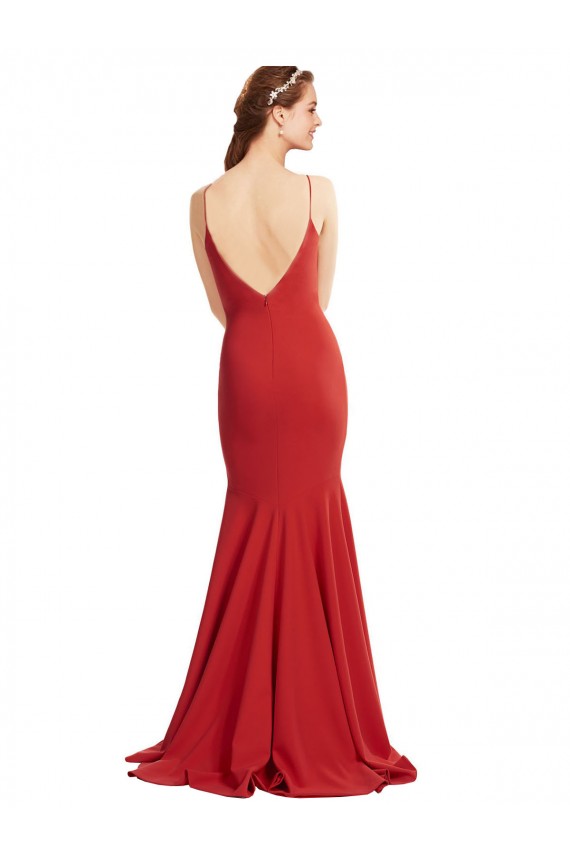 Comprar Rojo Sirena Tirantes espagueti Cuello en V Crepé Elástico Largo Formales Vestidos de dama de honor / Vestidos de fiesta