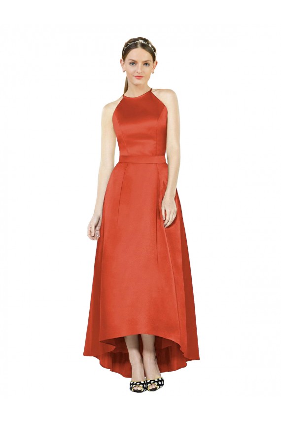 Comprar Rojo especia línea A Halter Satén Largo Asimétrico Vestidos de dama de honor