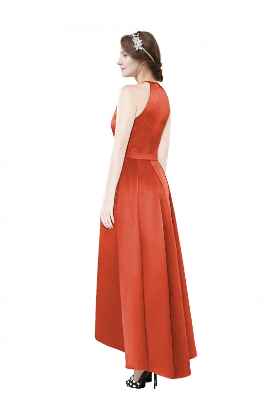 Comprar Rojo especia línea A Halter Satén Largo Asimétrico Vestidos de dama de honor