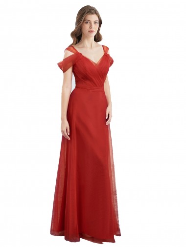 Comprar Rojo línea A Cuello de Corazón Tul Largo Vestidos de dama de honor