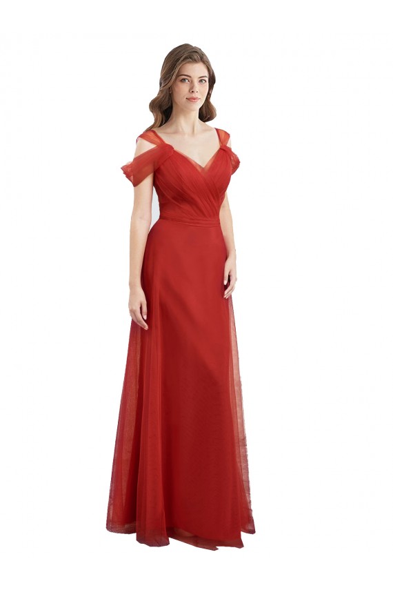 Comprar Rojo línea A Cuello de Corazón Tul Largo Vestidos de dama de honor