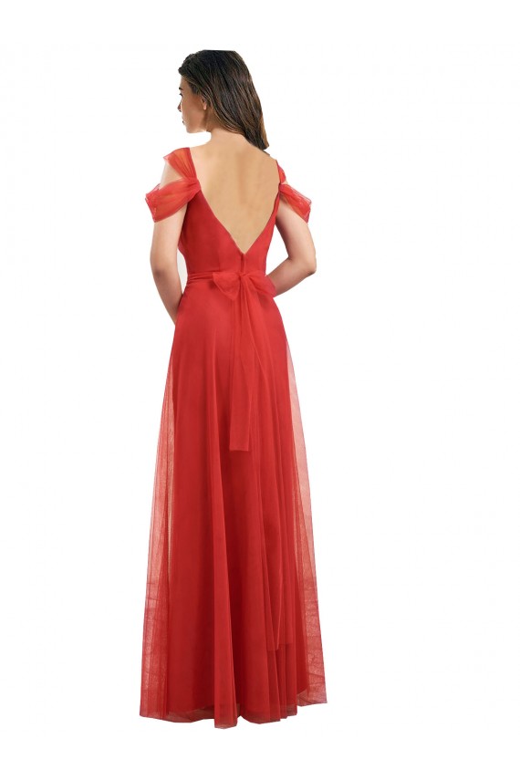 Comprar Rojo línea A Cuello de Corazón Tul Largo Vestidos de dama de honor