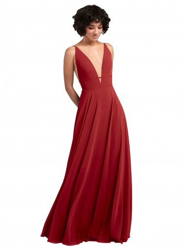 Comprar Rojo línea A Cuello en V Gasa Largo Vestidos de dama de honor