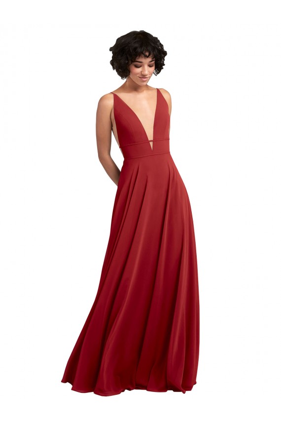 Comprar Rojo línea A Cuello en V Gasa Largo Vestidos de dama de honor
