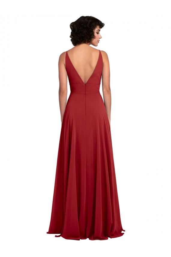 Comprar Rojo línea A Cuello en V Gasa Largo Vestidos de dama de honor