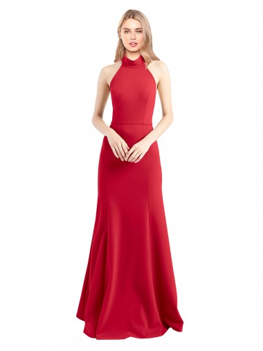 Comprar Rojo línea A Halter Cuello Alto Crepé Elástico Largo Formales Vestidos de dama de honor / Vestidos de fiesta