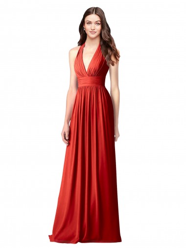 Comprar Rojo línea A Halter Cuello en V Gasa Largo Vestidos de dama de honor