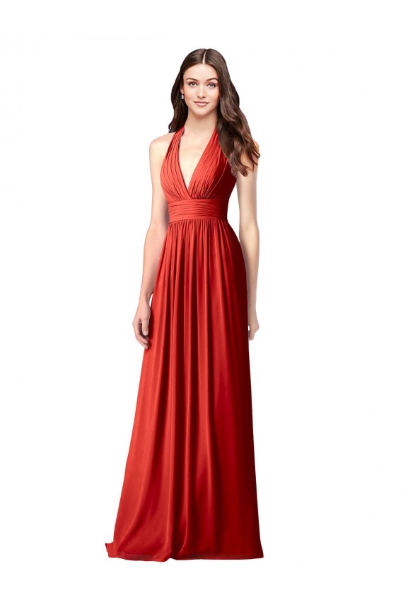 Comprar Rojo línea A Halter Cuello en V Gasa Largo Vestidos de dama de honor